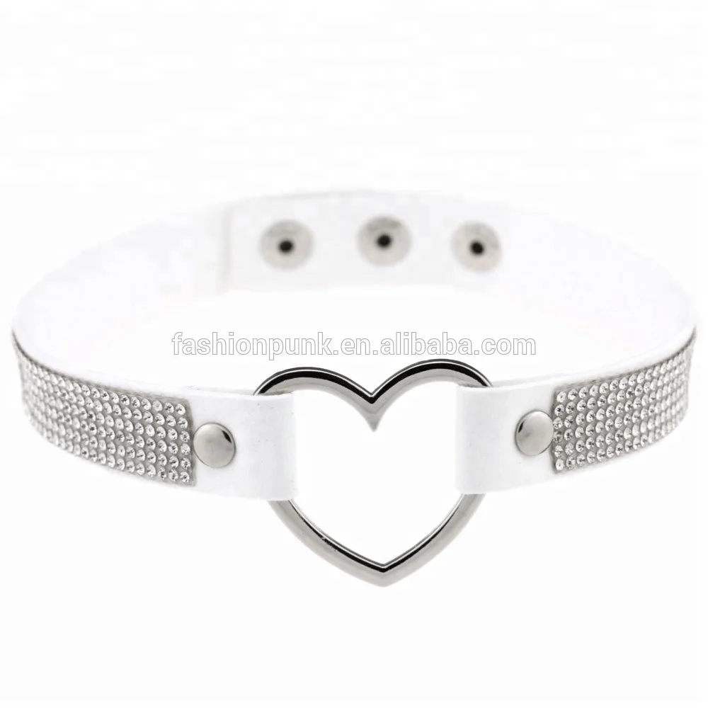 Punk Gothic Shiny Rhinestone Matte Leather Heart Choker Snap Button Collar Necklace