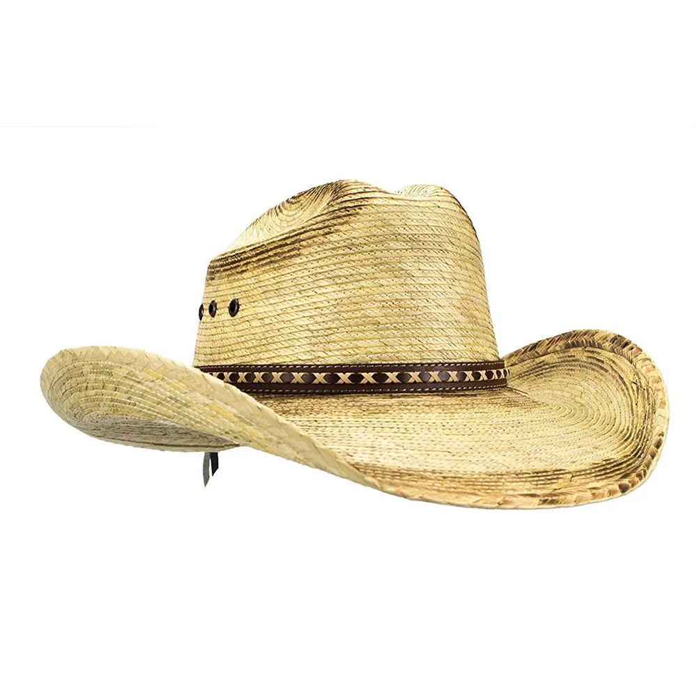 Custom Large Mexican Palm Leaf Cowboy Hat, Sombreros Vaqueros de Palma de Hombre, Flex Fit (Burnt Stain)