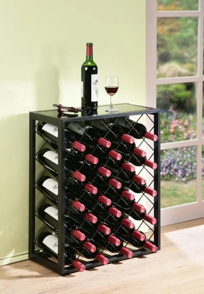 
Free Standing Red Wine Storage Display Rack Mango Steam 32 Bottle Wine Rack with Glass Table Top, Black Corner Display 