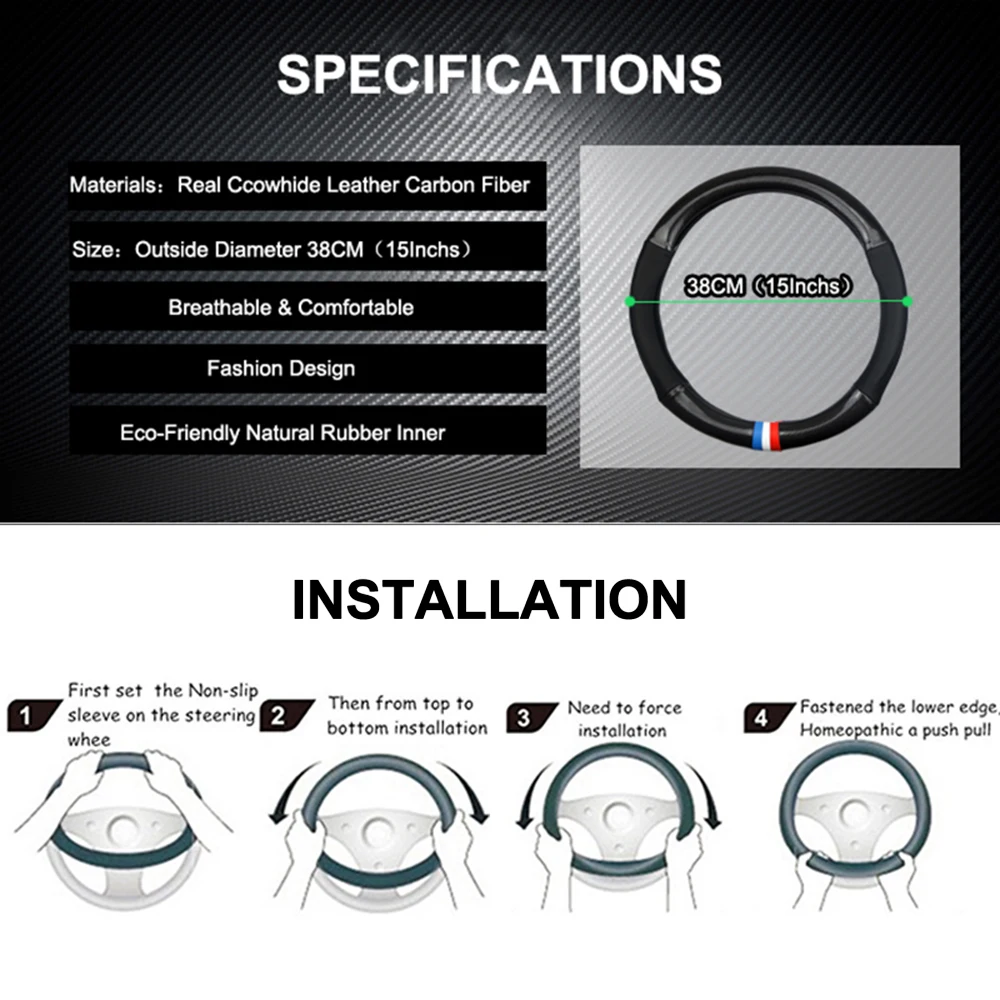 
Premium Genuine Leather Steering Wheel Cover for Universal 15Inchs/38CM Car Steering Wheel Accessories Black 