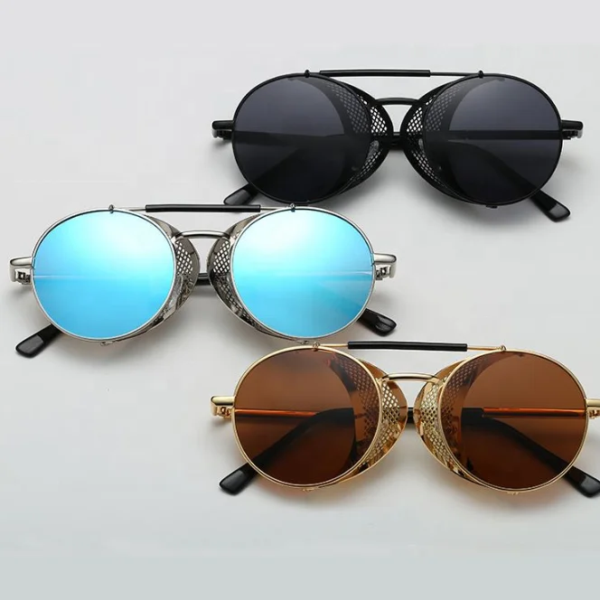 Sun side shield mens steam punk sunglass men retro round lens eyewear