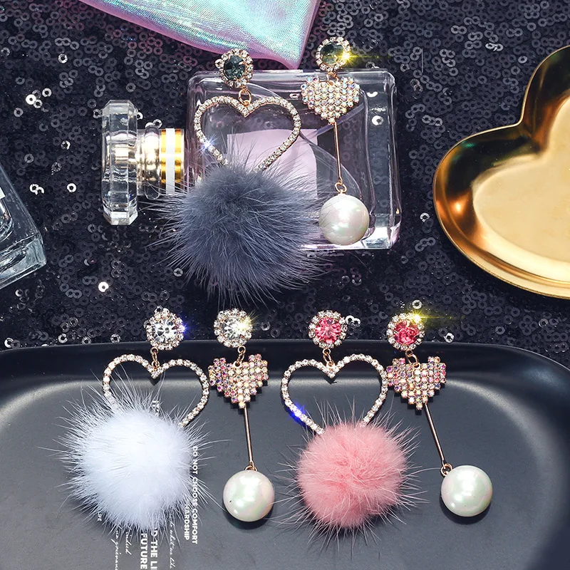 fashion crystal heart shaped drop earrings pom pom fur ball earrings Korean plush ball earrings