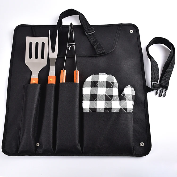 
Outdoor portable 4 pcs wooden handle barbecue tool set 