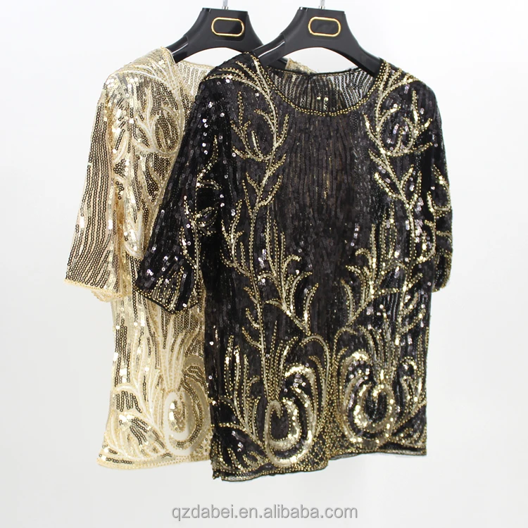 New design fashion sexy party wear shiny transparent gold sequin short sleeve women see through top