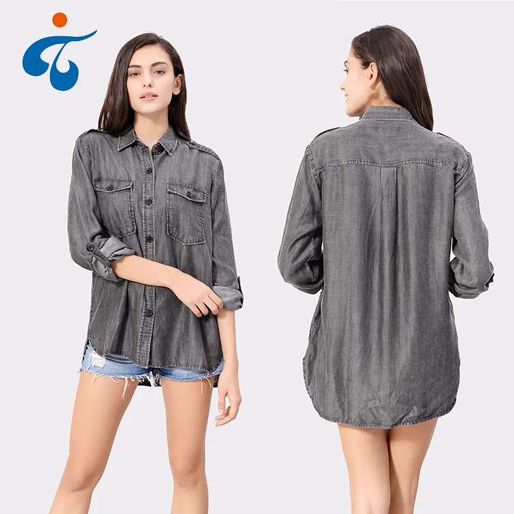 Different kinds of good selling professional casual denim cheap lady blouse