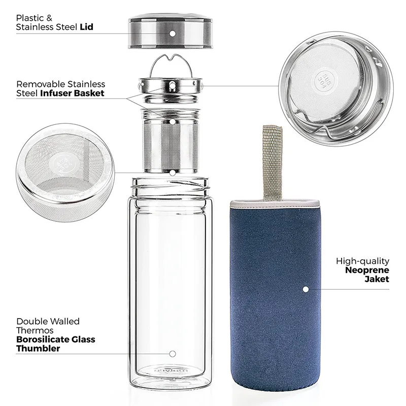 16OZ TRAVEL THERMOS Borosilicate Glass Tea and Coffee Tumbler