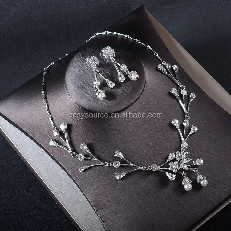 Elegant Flower Diamond Necklace Earring Set Rhinestone Pearl Wedding Jewelry Set