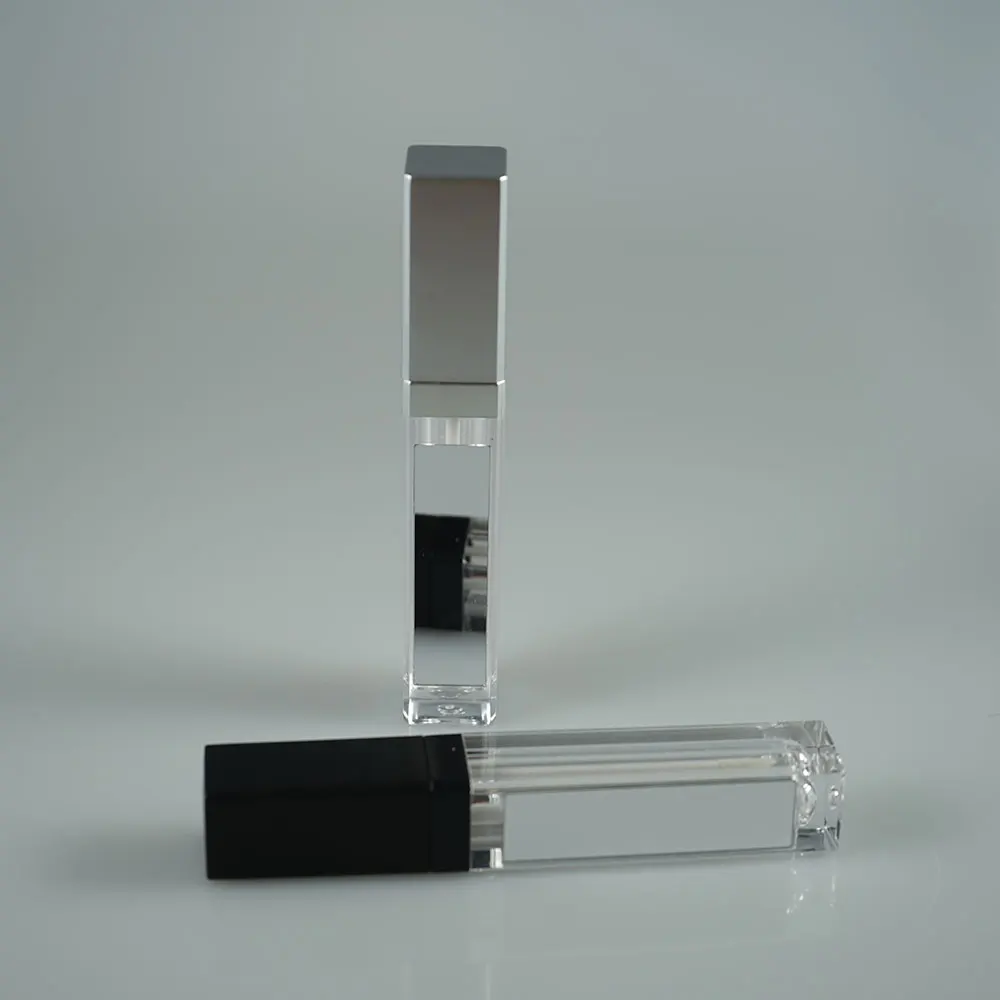 Wholesale silver square 8ml LED light lip gloss tube / black lip gloss packages with mirror