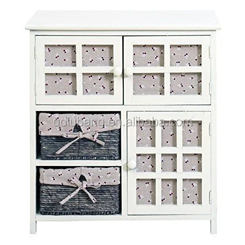 Wooden Storage Cabinet Beige Wicker Sideboard Drawers Cupboard Vintage Furniture