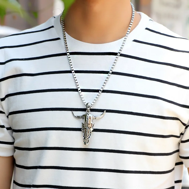 Vintage Mens Metal Chains Alloy Skull & Cow Head Pendant Necklace