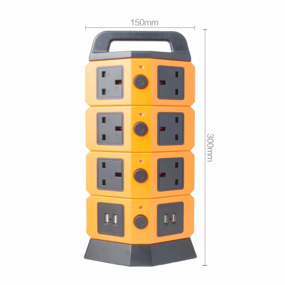 
Tower Power Strip 2500W Smart Socket Surge Protector 10 UK Socket 4 USB Charging Station 6.5ft Extension Cord Orange 