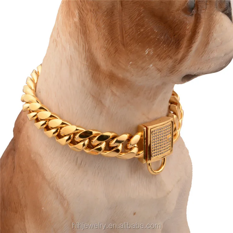 
Wholesale pet shop products luxury stainless steel gold plated choker 14MM chain dog necklace 
