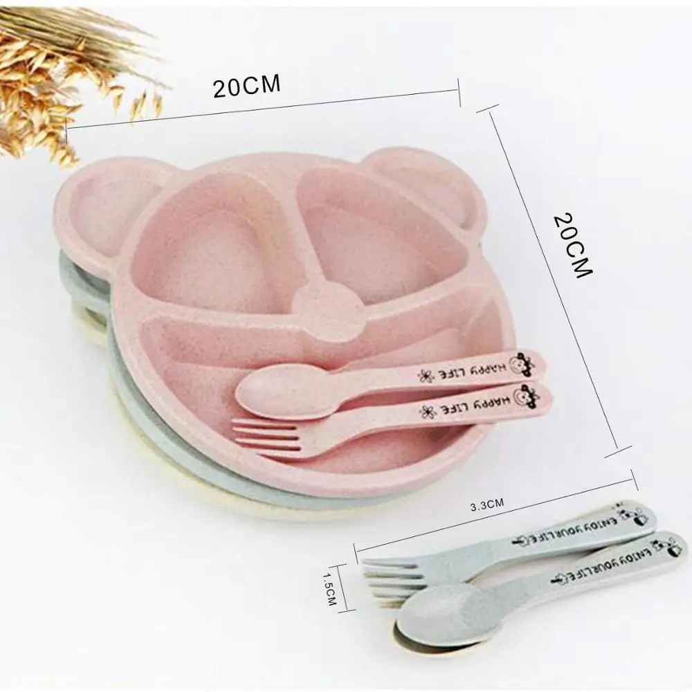 Healthy eco-friendly wheat straw divided plates set 3 with spoon and fork dishwasher for baby feeding, kids &children &toddler