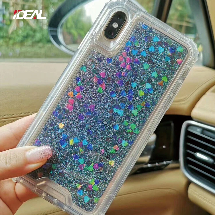 
Defender style quicksand heart plastic phone case for iphone 8 7 plus X XS with shockproof clip 