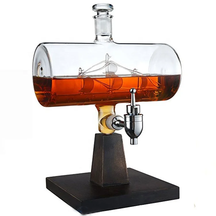 500ml 750ml 1000ml boat inside wine barrel with wooden base for vodka