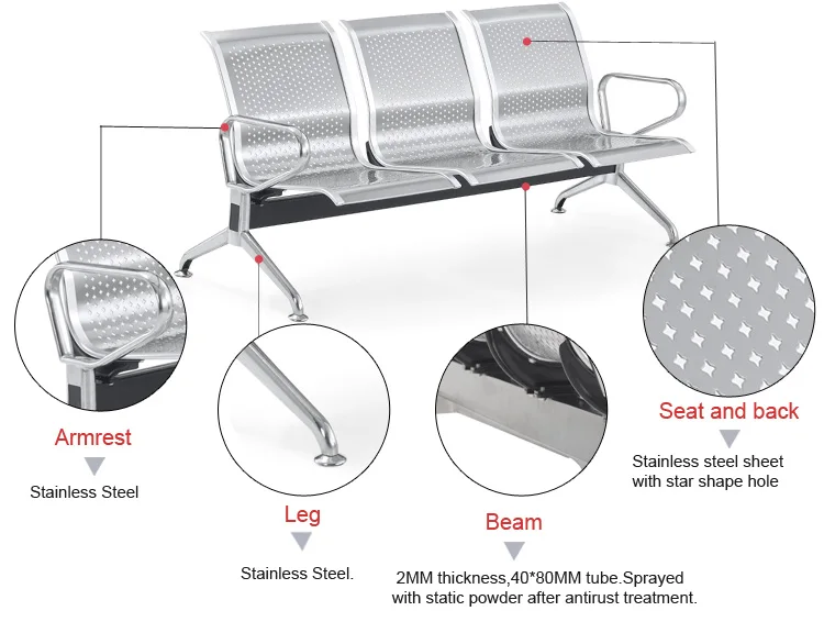 Stainless steel bench chair 3 seater waiting seating SJ629C