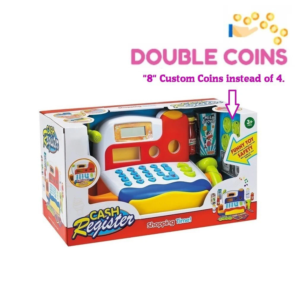 Durable Kids Cash Register Toy with Electronic Sounds, Microphone, Scanner, Calculator, and Pretend Play Food Set
