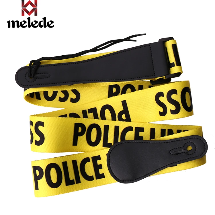 
Thermal transfer polyester yellow police line bass electric anime guitar strap with PU leather ends polyester webbing strap 