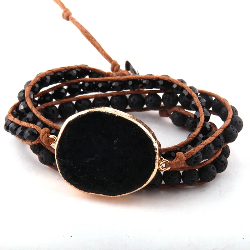 Fashion Women bracelet Handmade Natural Stone glass beads bracelet 3 row Men Leather Wrap Bracelet Dropship