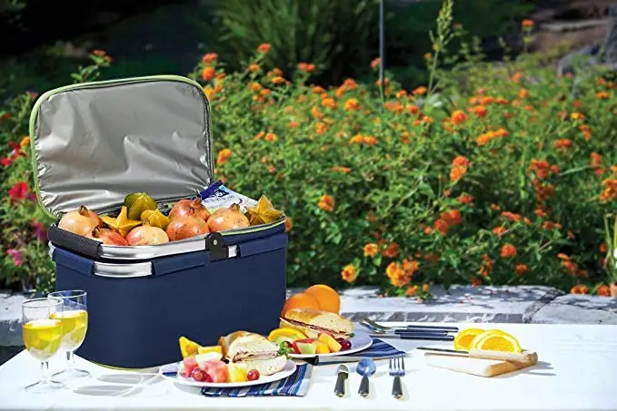 Family Size Insulated Folding Collapsible Picnic Basket Cooler with Sewn in Frame