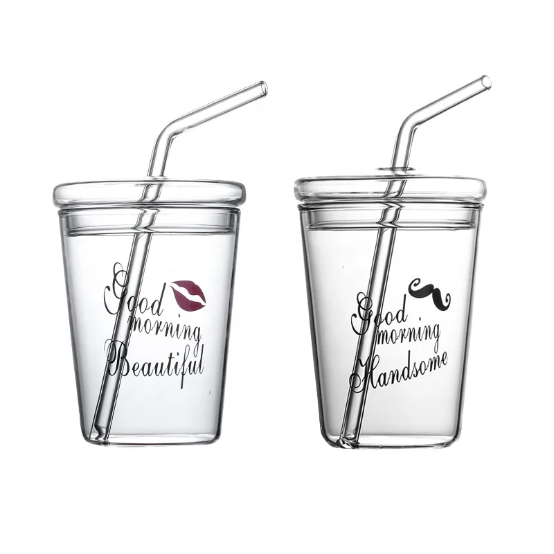 Custom logo glass fashion straw cup with lid and straw
