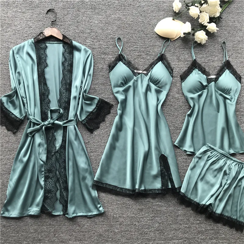 
Pyjamas Women Sleepwear Robe Lace Sleepwear Nightwear Girls Sexy Night Dress Lounge Wear 4 Pieces 