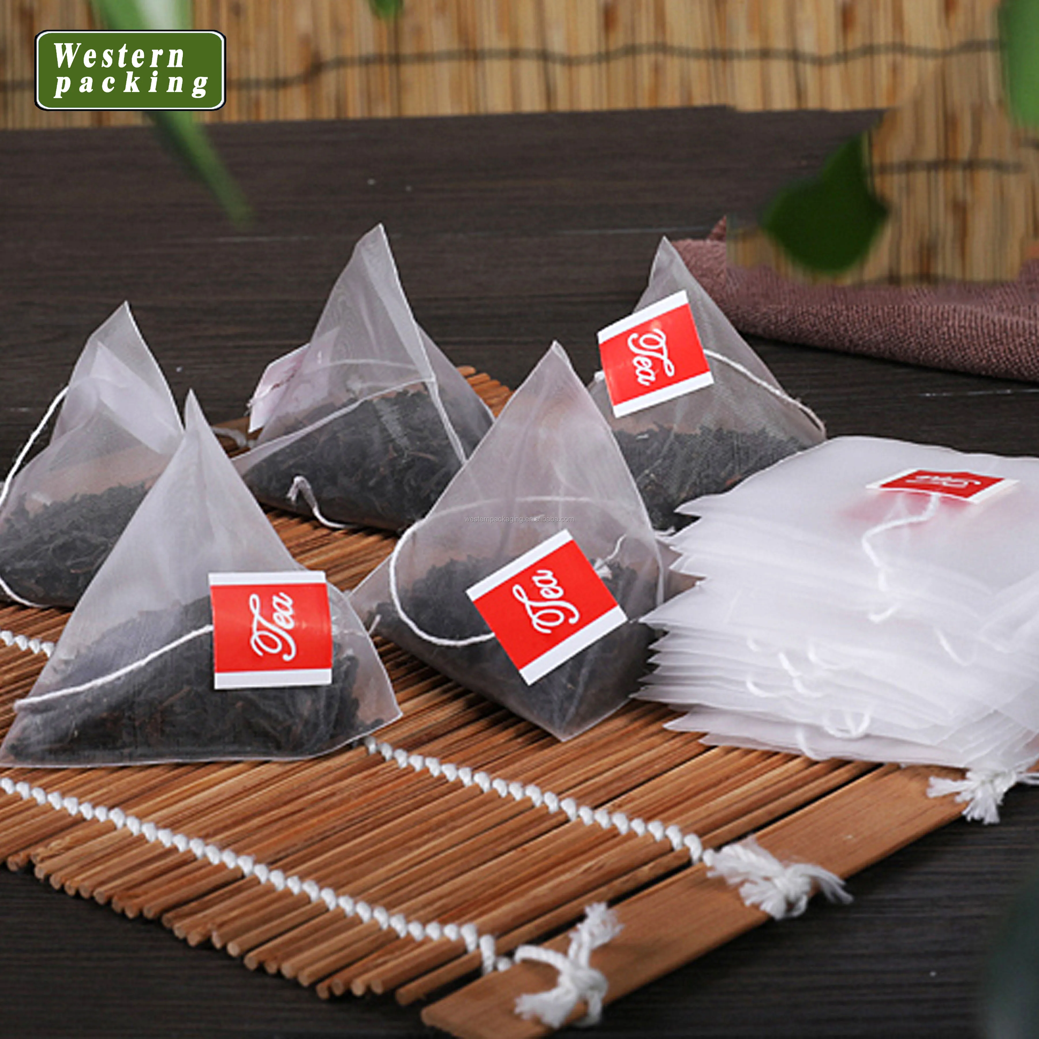 Custom small mesh roll drawstring pyramid nylon tea bag with tag