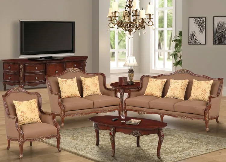 High-end Antique Sofa Set Hand-carved Solid Wood Home Furniture  Sofa Leather 1+2+3 Seat Living Room Antique Sofa Set