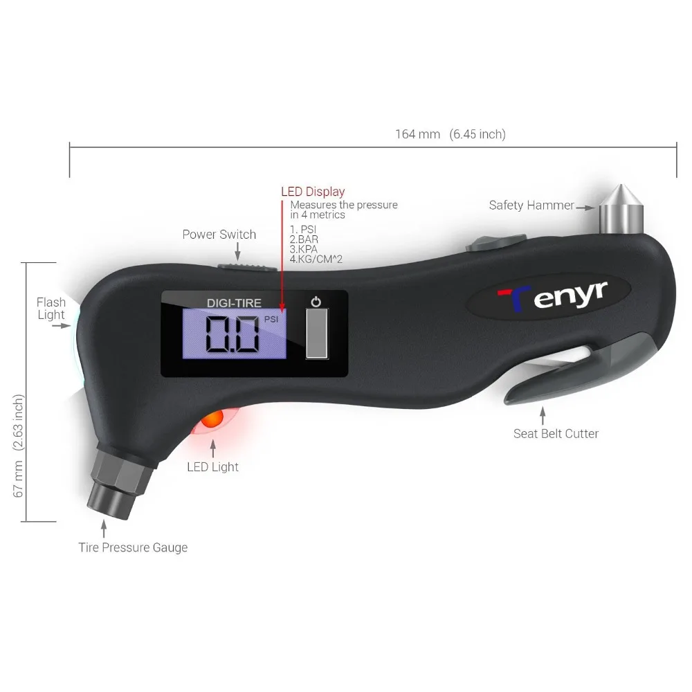 
Digital Tire Pressure Gauge 150PSI with 5 In 1 Rescue Tools of LED Flashlight Car Window Breaker Seatbelt Cutter 