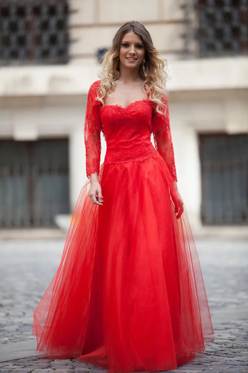 Elegant Long Red Lace Prom Dress Sexy Sweetheart Tulle ...