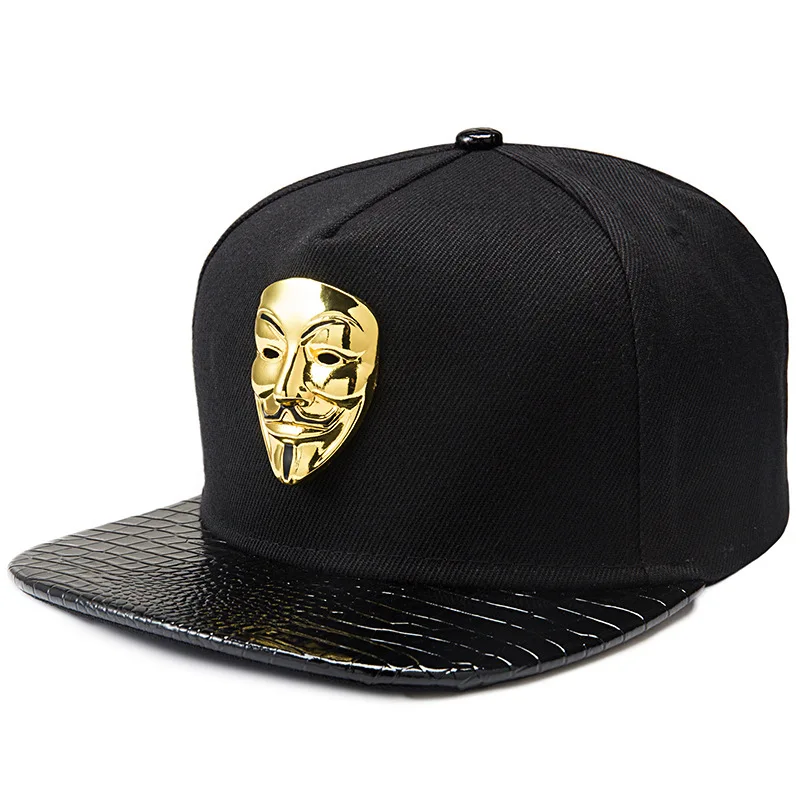 Custom design Hip hop flat leather vsior metal plate 5 panel snapback  hat