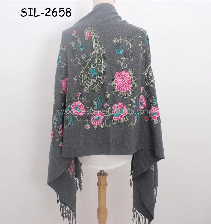 
New designer China factory vintage women viscose cashmere feeling shawl stole winter twill boho flower embroidery pashmina scarf 