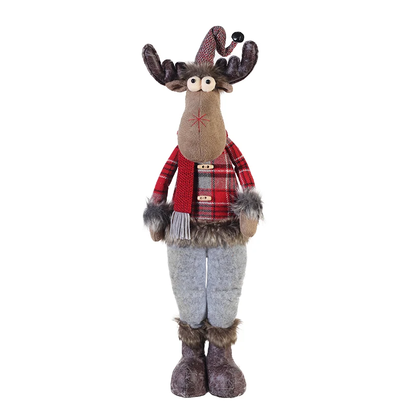 Boy and girl holiday indoor decoration 28 inch standing red tartan fabric plush figurines christmas reindeer