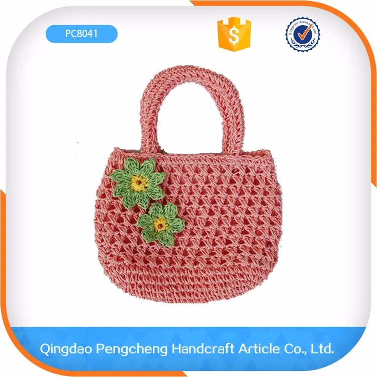 Green color handbag fabric bag paper straw kids handbag crochet beach bag