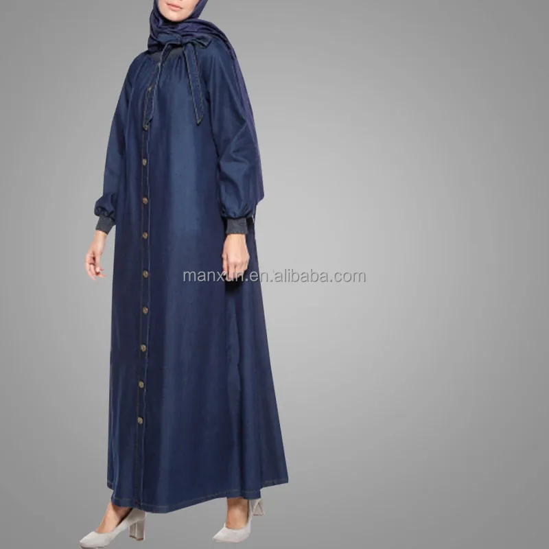 2018 Summer Muslim Denim Abaya Tie Back Islamic Clothing Maxi Jeans Dress Dubai Fashion Long Sleeves Dress