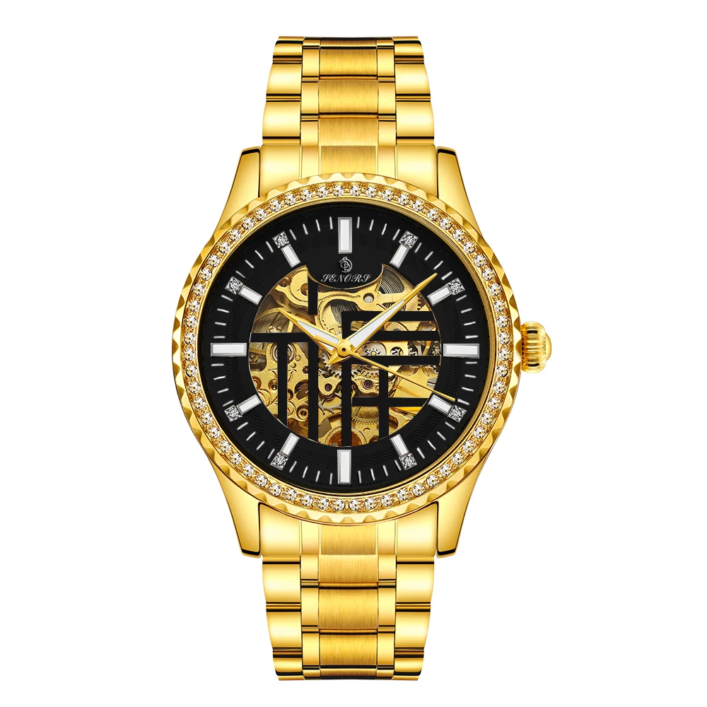 SENORS SN087 Luxury IP plating Custom Logo Watch Full Gold Automatic Skeleton Mechanical Male Wrist Watch 3 ATM Waterproof
