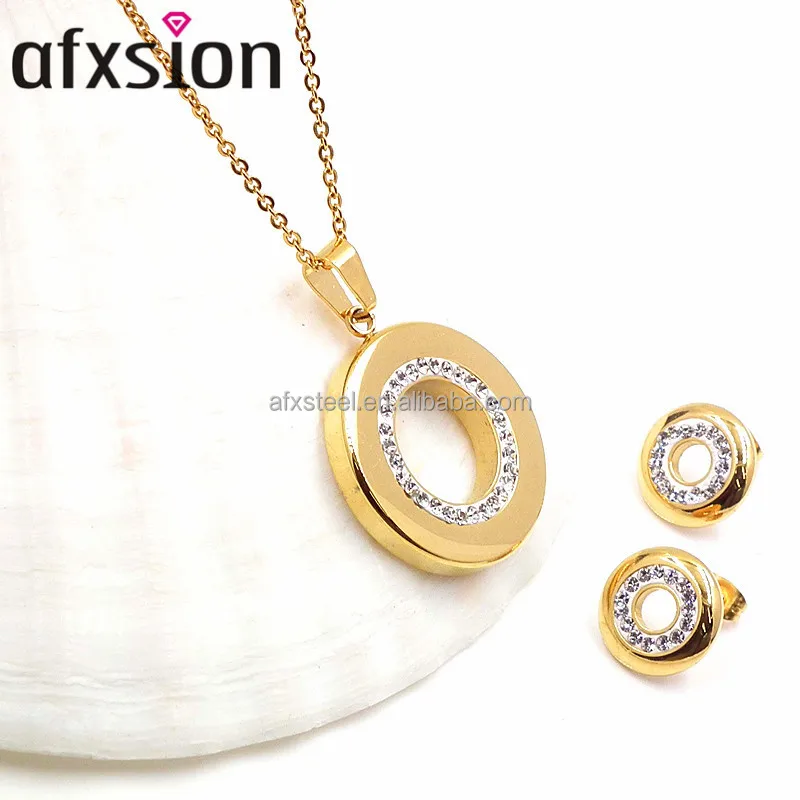 Dubai gold fashion jewelry sets 18K gold plated diamond circular stainless steel jewelry sets for female