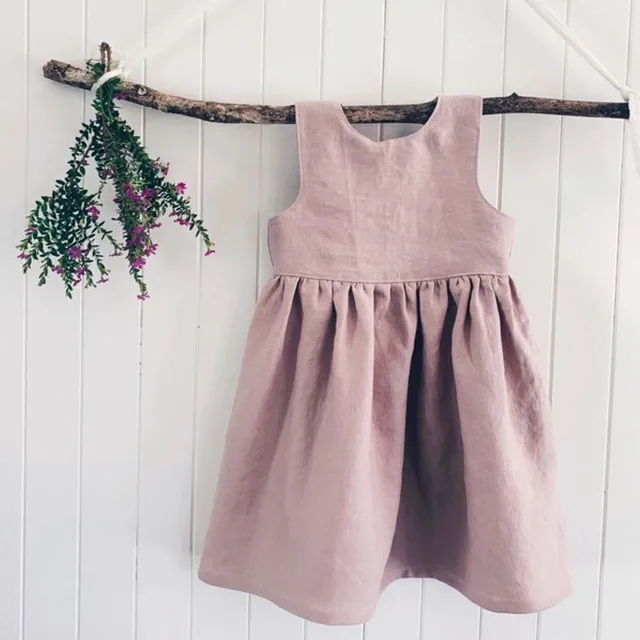 Minimalist girls dress natural clothing 100% linen V-back beach summer dress