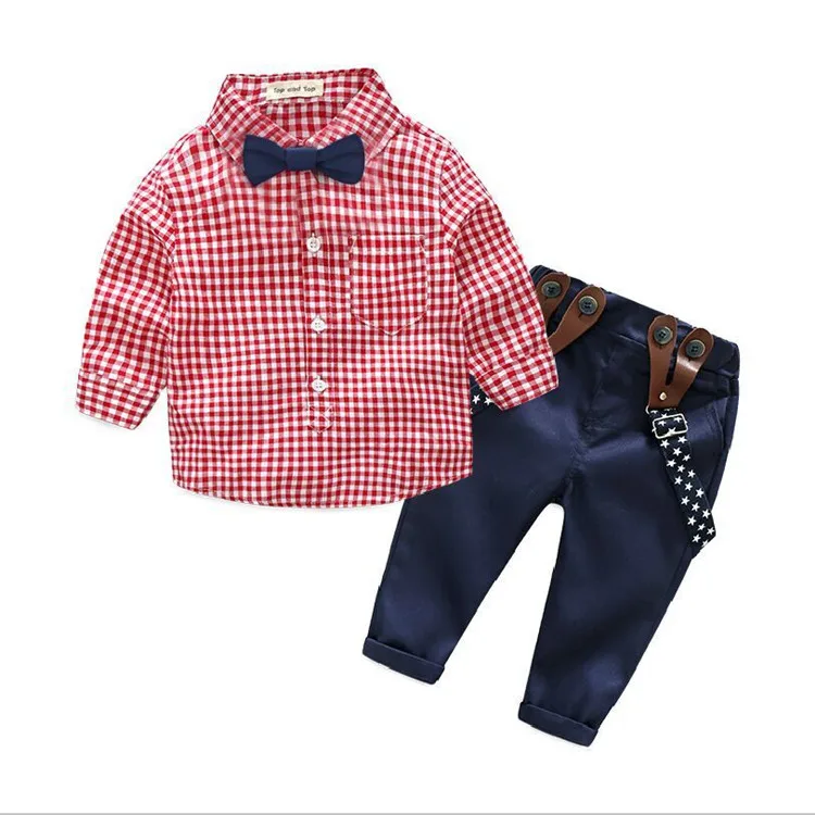 
hot sell fall boy fashion suit long sleeve grid shirt + overalls 2pcs baby boys clothing set 