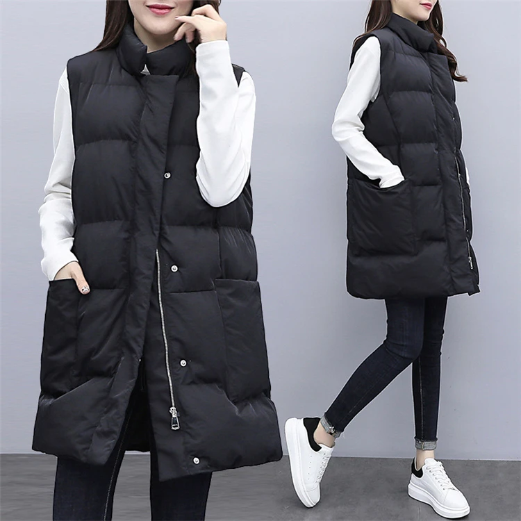 Wholesale Fashionable Spring Sleeveless Puffer Jackets Women Cotton Padded Winter Gilets Vests Long Plus Size XXL Pocket