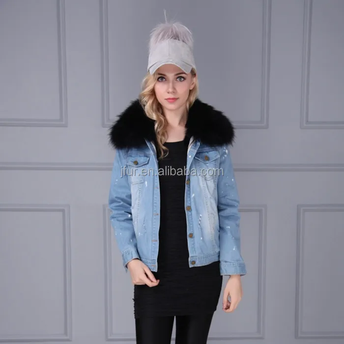 Ladies Fur Lining Jacket for Winter Warm Jeans Parka Coats With Fur Hoods Collars