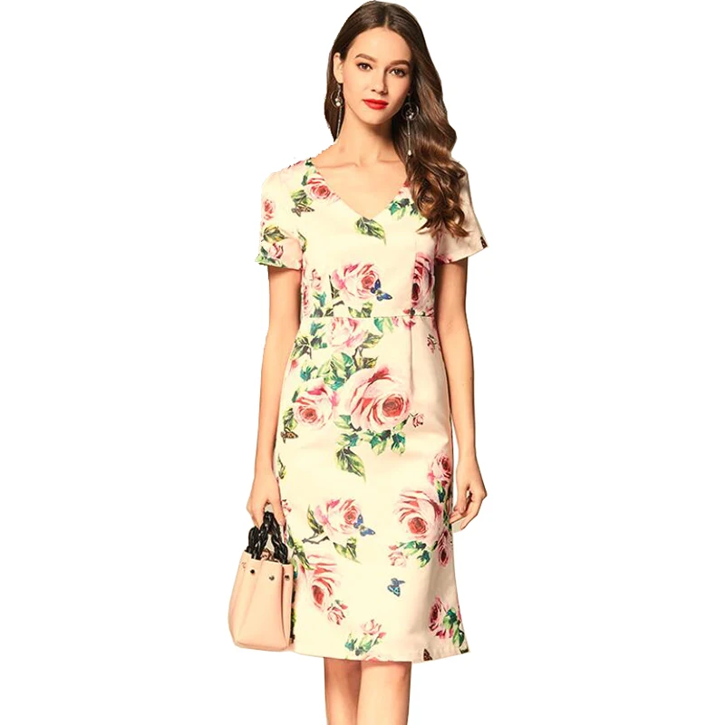 
Wholesale In Stock Women Elegant Rose Floral Print Sleeveless Casual Back Zip Office Pencil Sheath Dress 