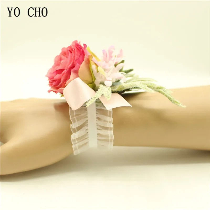 YO CHO silk pink leaf succulent Prom wedding Quinceanera Groom bridal bridesmaid handmade artificial silk bridal wrist