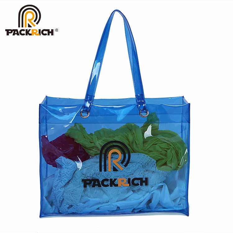 Summer Beach Foldable Personalize Custom Logo Foldable Pvc Clear Shopping Bag With Logo