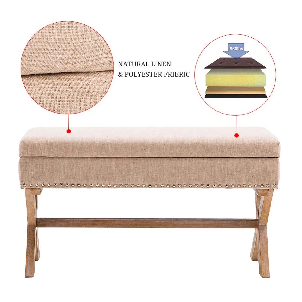 Wholesale Low Price Rubber Wood Legs Linen Fabric Rectangle Storage Ottoman Bench
