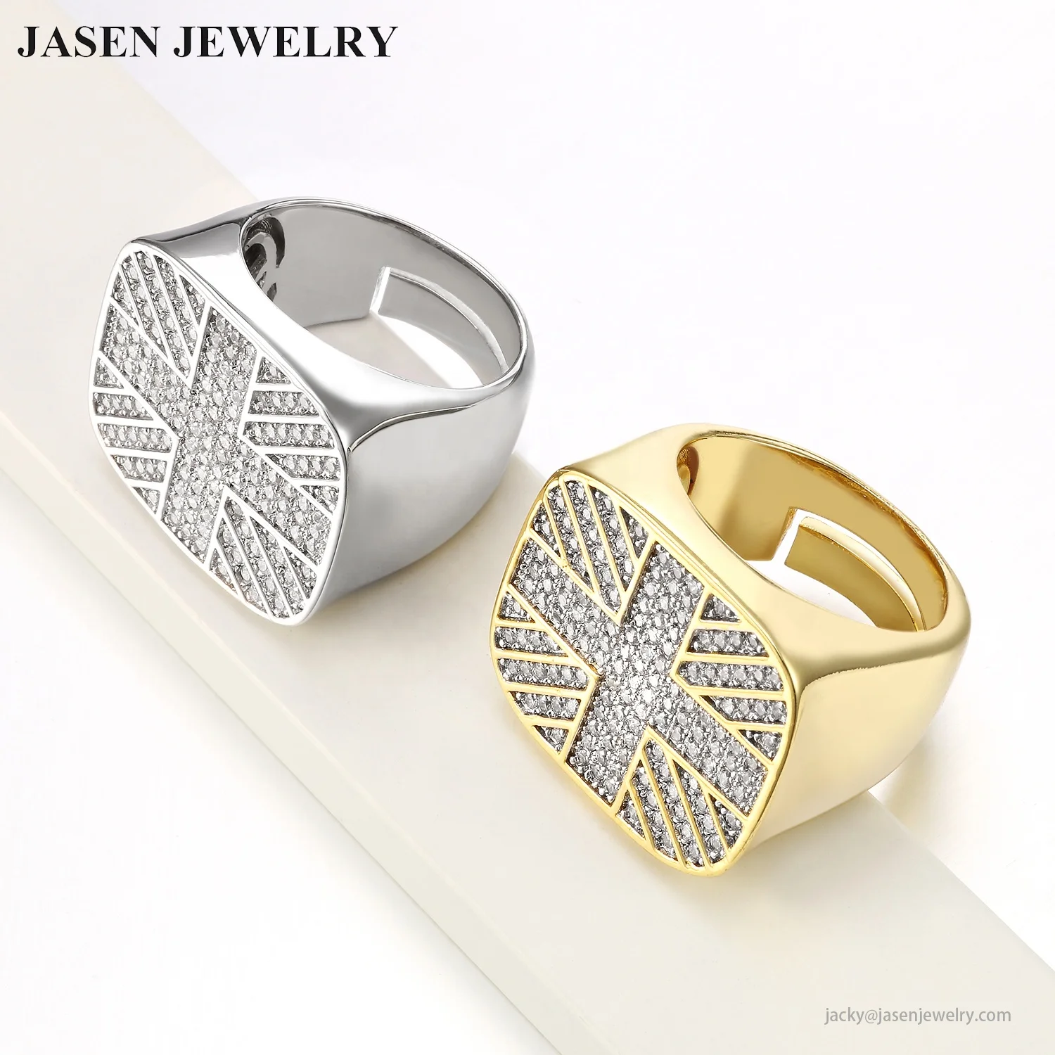 Jasen custom jewelry wholesale fashion design 18k gold plated 925 silver crystal jewelry cross rings