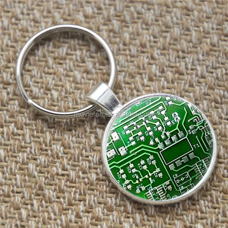 Computer keyring, Green Circuit Board Computer Chip Art keyring cpu print glass keyring