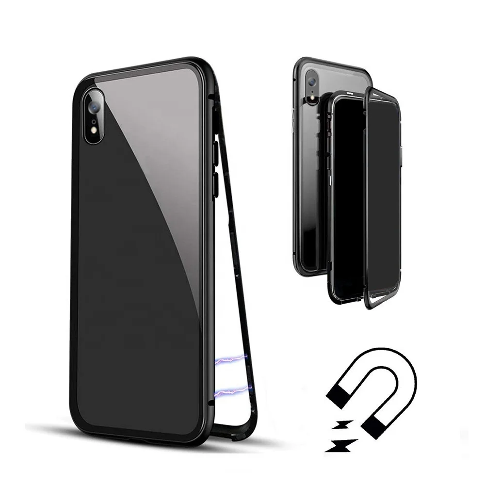 cell phone Magnetic Adsorption Aluminum Bumper Tempered Glass Back mobile Case covers For iphone X XR XS Max