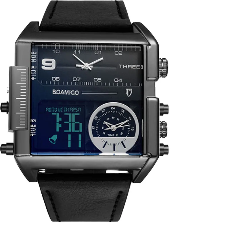 BOAMIGO Big Dial Quartz Watch Men Fashion Black Color Genuine Leather Band Casual Man Wrist Watch F920A