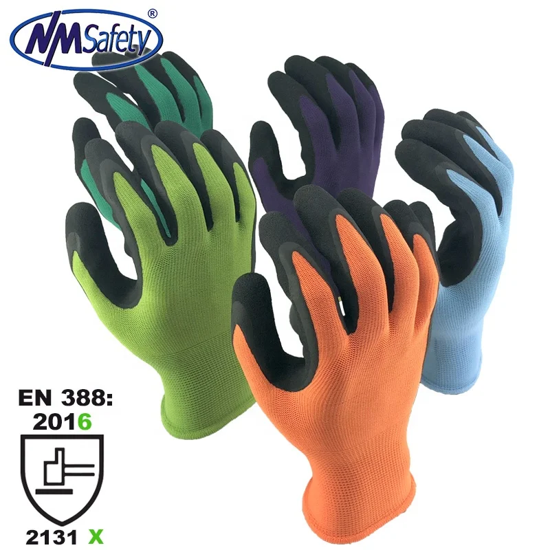 NMSAFETY OEM ODM Colored Polyester Coated Latex on Palm Hand Job Gloves Garden Work